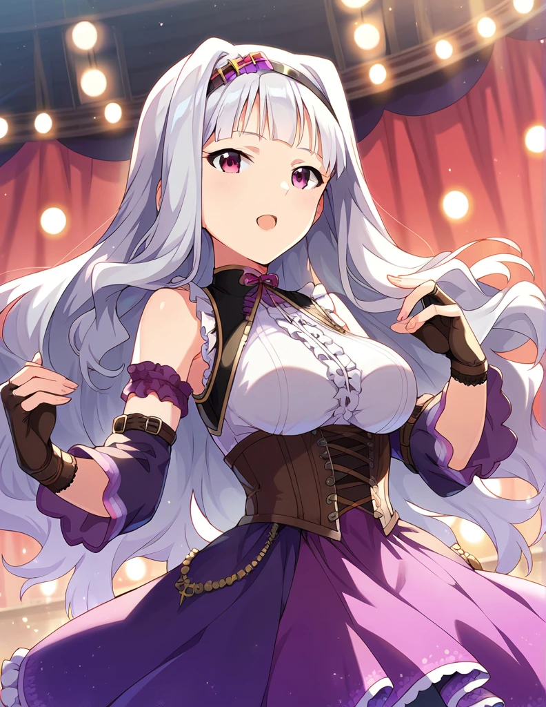 score_9, score_8_up, score_7_up, source_anime,
1girl, solo, idol concert, singing, looking at viewer,  diva, stage, white curtain, stage lights, light particles, 
 sjutkn, very long hair, grey hair, wavy hair, blunt bangs, hairband, purple eyes, large breasts, 
purple dress, sleeveless dress,layered dress, cross-laced dress,long sleeves, bare shoulders, frills, detached sleeves, corset, black fingerless gloves, shiny hair, floating hair, 
hair ornament, 
detailed eyes, eye refraction,