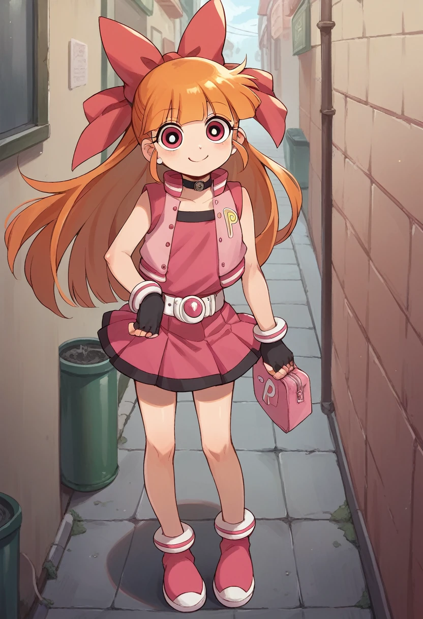 akazutsumi_momoko, orange hair, pink vest, pink skirt, looking at viewer, black fingerless gloves, young, looking at viewer, smile, cartoon, sidewalk, alley, ribbon, long hair