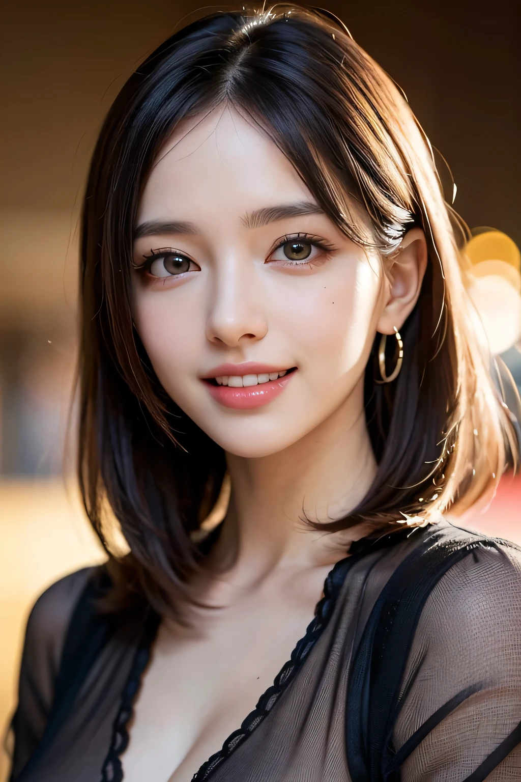 ((masterpiece)), ((Highest quality)), ((Complex)), ((Surreal)), (Realistic), (Mature Woman), ((There are no classes)), Very detailed, (1 female), Beautiful and exquisite, (Beautiful Teeth), Grin, Brunette Bob Hair, Brown eyes, ((blouse)), (Upper Body), (background:none), Perfect Eyes, Captivating eyes, Looking at the audience