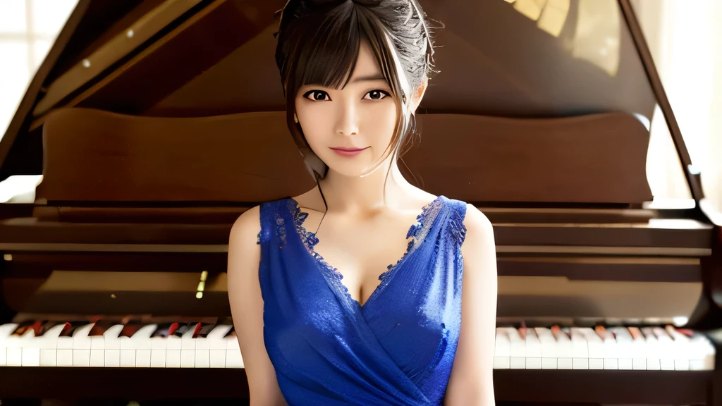 A beautiful 30-year-old Japanese woman in an ultramarine dress posing in front of a piano