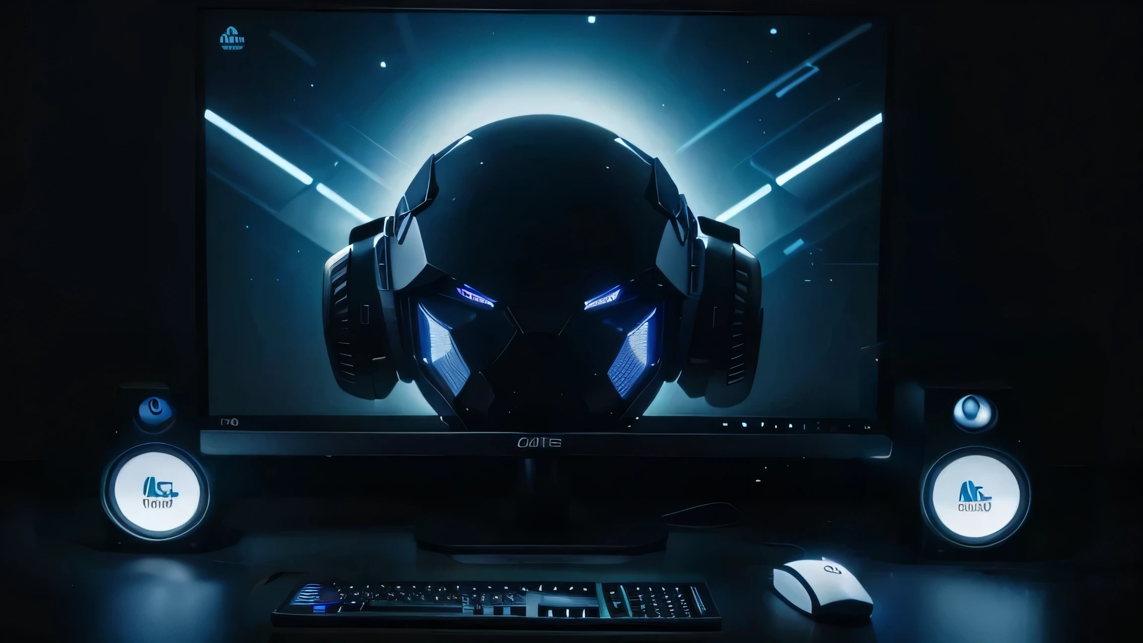 PC monitor in the center of the screen, in front a keyboard, to the right of the keyboard a mouse, all illuminated by LED lights, gamer PC, dark blue background, on the sides of the monitor place some speakers, improve detail of the keyboard, larger and more defined keyboard, keyboard with LED lights