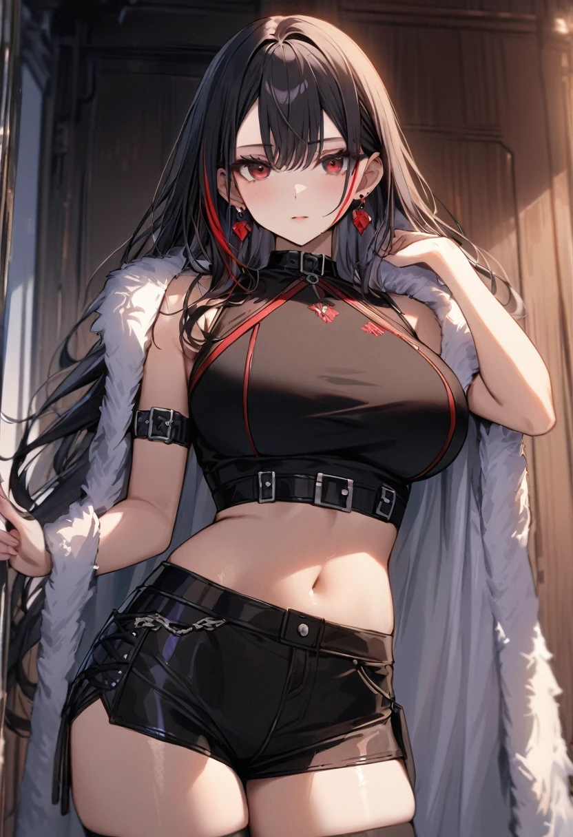 masterpiece, best quality, 1girl, solo, adult, black hair, long hair, the hair has red streaks around it, earrings, red black eyes, detailed face, black crop top, large breasts, shorts, stocking, arm belt, infront of viewer, empty look, fur cloth on the shoulders