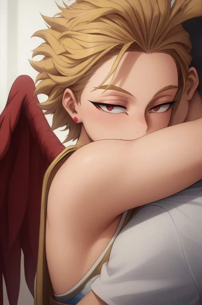 boy blonde hair slicked back, with some front locks, gold eyes, red wings on his back, delicate, Curvy hugging red hair girl, Red eyes, big breasts, hourglass body   (Boku no hero academia) 