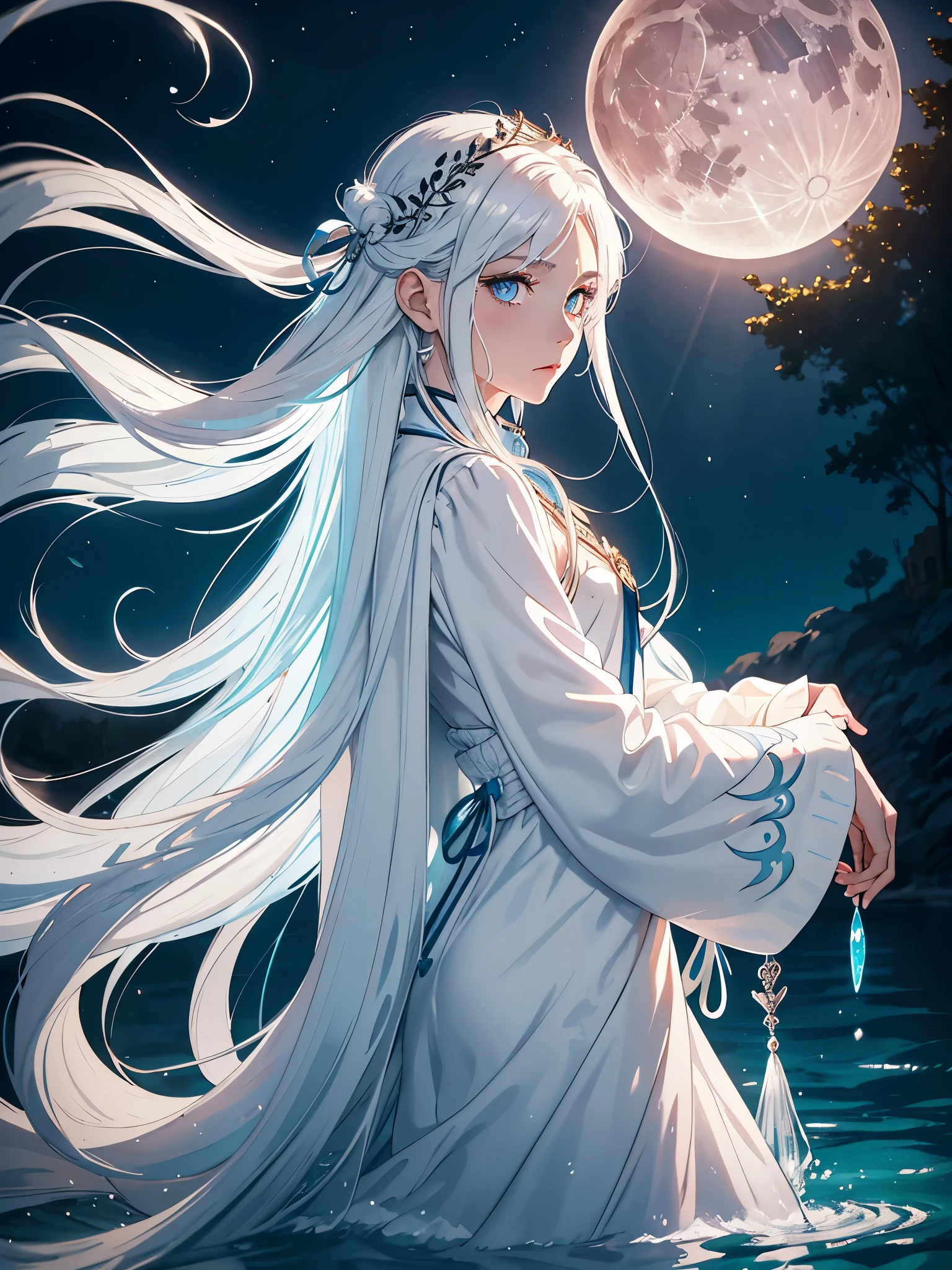 Junge. Älter. Long hair. long white hair. aquatic, boy, Goddess of the Moon, silver hair accessories, White hair, White dress, cape, at night, saturated colors, light eyes, bright, light blue light, blue eyes, Jewelry silver, bluish light, Full moon in the background, aquatic in der Luft rosa kerzen