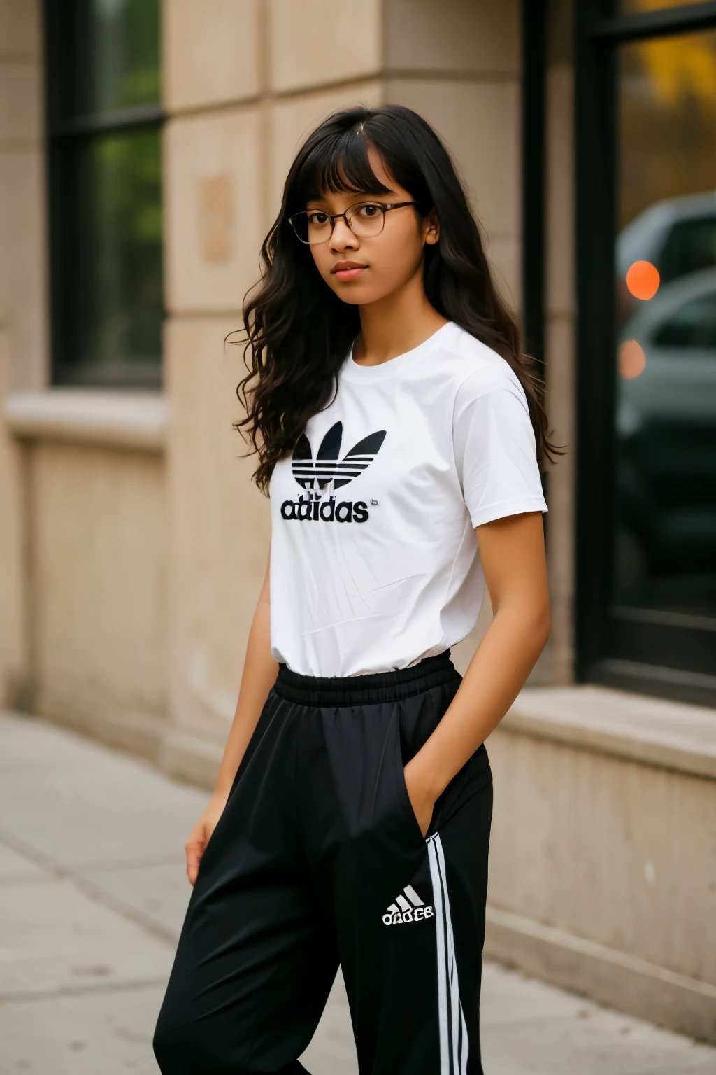 girl, glasses, brown skin, long hair, hair curly, black hair, brown eyes, black adidas pants, hair with bangs, 14 years teen body