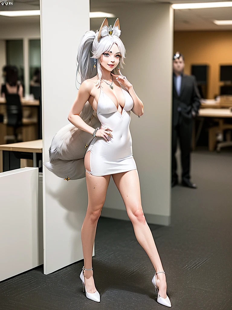 great quality ++ Extremely detailed high resolutionolution, very aesthetic, expressive eyes, (((Perfect face))), (((face symmetrical))), ((good anatomy)), (((perfect hands))), (((8k))), UHD, hd wallpaper, (((detailed high cal, (((((1girl)))))), only, Masterpiece, The best quality, high resolution, Highly detailed, (illustration), Beautiful detailed eyes, ((((full body))), (((solo))), (((((koyan-la1))))), (((smiling))), (((fusion))), (((agglutination))), (((Combination))), (((((White hair))))), (((blue eyes))), (((ponytail))), (((white dress))), (((jewelry))), (((necklace))), (((earrings))), only, jaeces, earrings, long hair, parody, (((scar))), (((scar ocular))), (((hair ornament))), (((office background))), (((hand on hip))), (((strolling))), Side ponytail, scar en la cara, Upper part of the body, (((fox tail))), (((fox ears))), (((tiara))), (((jewelry))), (((earrings))), (((neckline trimming))),