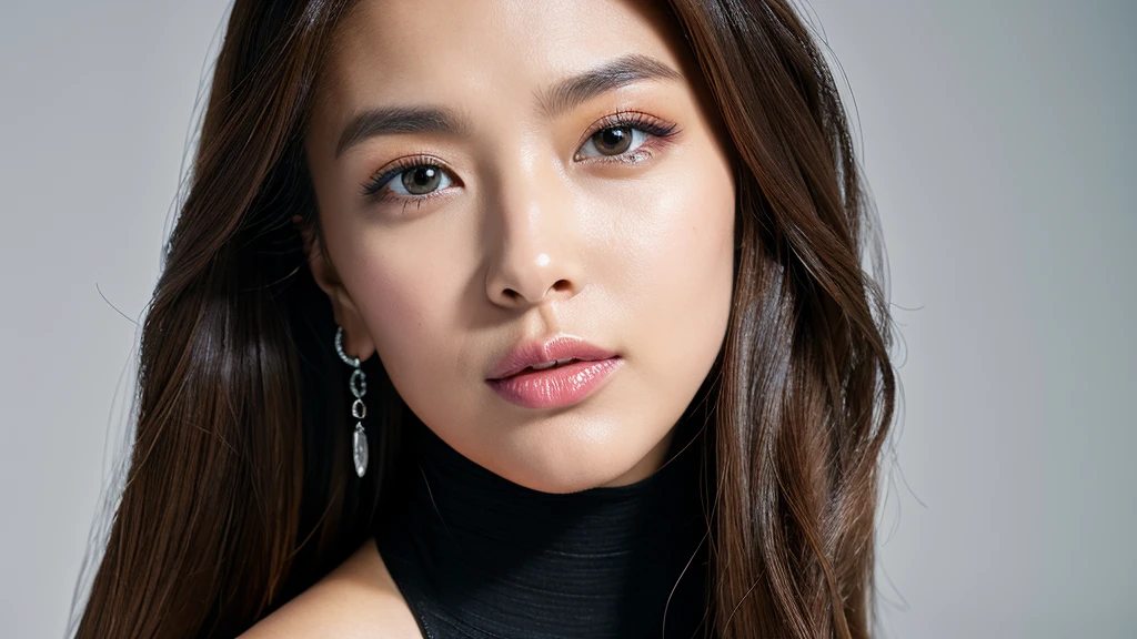 (Detailed face),(vivid),(Silver Jewelry)Turtleneck sleeveless lightweight dress,4K,Ultra-high resolution,(Photorealistic:1.7),White Background,Black long hair,