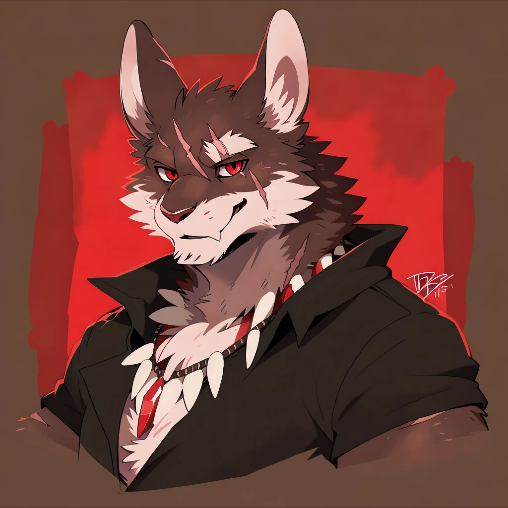 (Rabbit), anthropomorphic red rabbit, alone, (scar on left eye), (2-tone white and red fur), (neck), (perfect red eyes:1.4), （Artist:Takemoto Arashi）, twitch, mature face, older, clear facial details, flash, side of character, long eyelashes, fang, seductive smile, Black shirt,  Bone necklace, exposing chest, ((show upper body)), ((Bust)), Full Length Portrait, Tonalism, Head Out of Frame, Outer Border, Tachi-E, High Details