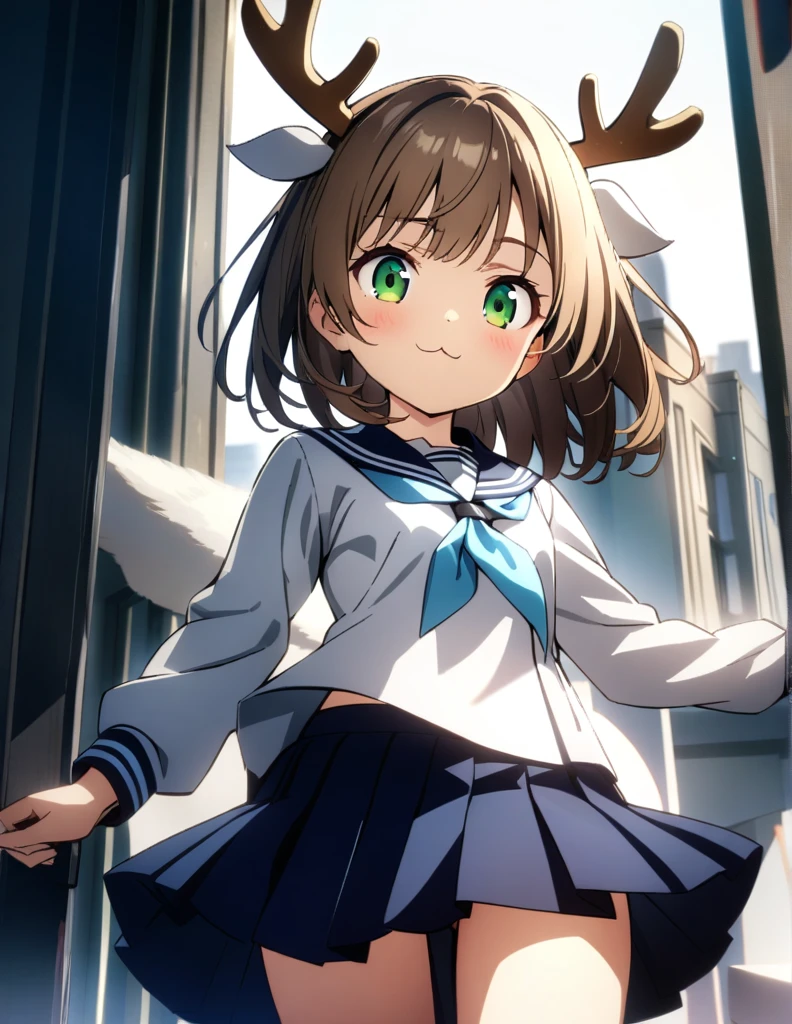 absurdres, uhd, best quality, CG, HDR, 1girl, solo, anime, cowboy shot, green eyes, round eyes, short honey brown hair, (white moose antlers), white serafuku with navy collar and light blue neckerchief, long sleeves, navy pleated skirt, (:3 face, cat mouth),