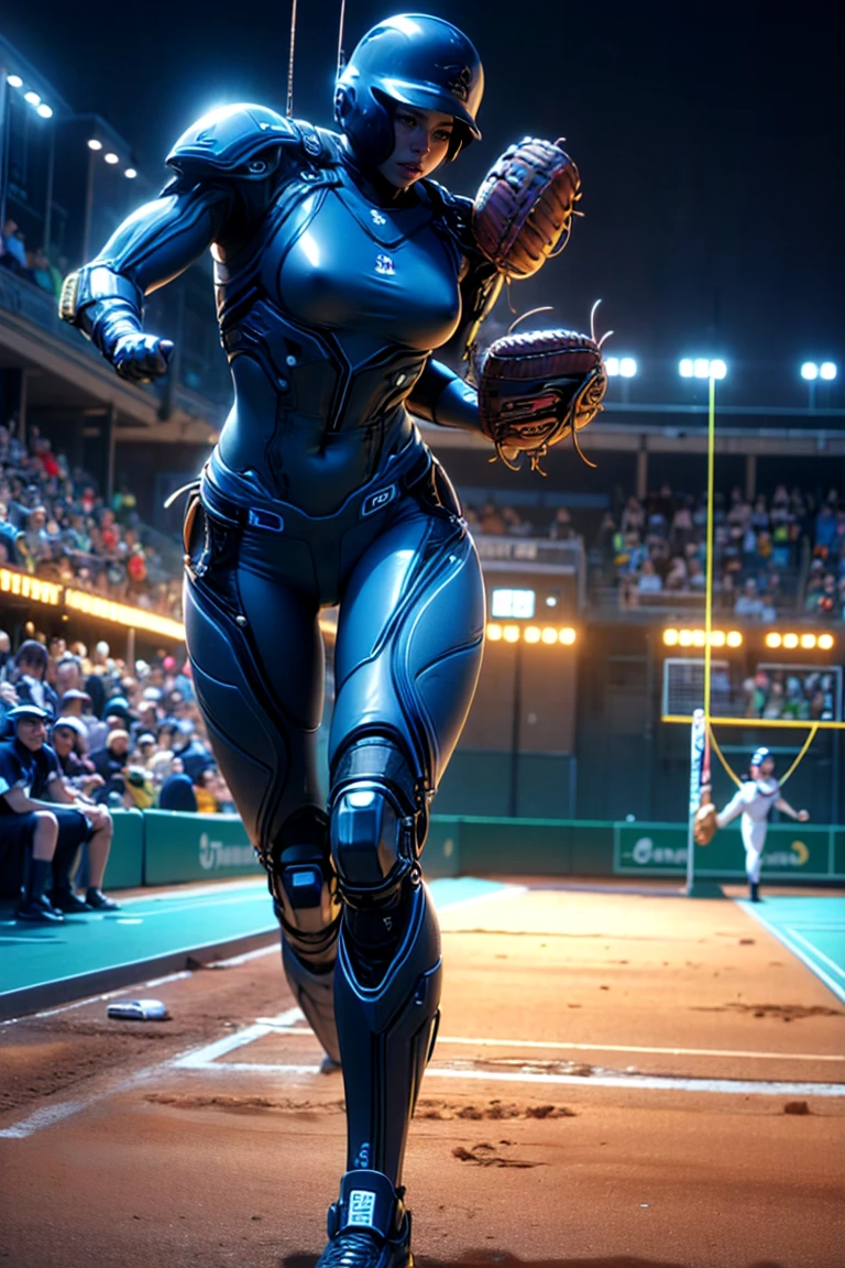 top quality, future world, State-of-the-art robot, ((Beautiful Woman wear in cyborg, showing waist and cleavages)), flying hair, Transformed into a cyborg except for the face, Transformed into a cyborg except for the shoulder, sexy images, whole body photo, (((baseball player, running on the court in cyborg style, swing the baseball bat in hand, helmet)))