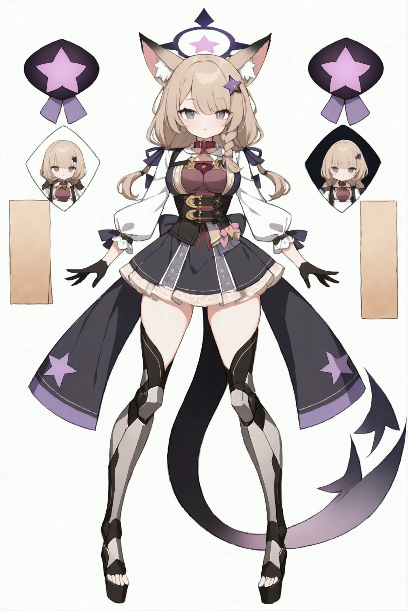 woman 170 cm tall. medium chest, wide hip, slim build, ((whole body)). (((character design sheet: front view))). (dark blonde hair, (hip-length wavy hair with asymmetrical bangs, star hairpin), (She has a short braid tied with an elegant purple ribbon on the left side of her hair above her chest). (She has a short braid tied with an elegant purple ribbon on the right side of her hair above her chest). She has small hair ties in the back of her hair..). ((Gray eyes with a pink 4-pointed star in the pupil)). (Two black and purple fox ears located on the top of the head). (Luminous black halo with purple star patterns above his head). He has a black collar with a heart emblem on his neck.. (Elegant long one piece dress, thigh-length lace and ruffle skirt, ribbon decorations and star patterns on the dress). black gloves, Black platform heels. gray belt at the waist with a large ribbon with a luminous pink heart in the middle. ((It has a beautiful succubus tail that ends in a small purple star at the tip..)). (((It has complex mechanical legs that reach up to the thighs and are black with small purple details..))). beautiful detailed hair, beautiful detailed dress. extremely detailed arms. extremely detailed face, small face, Beautiful detailed eyes, beautiful detailed lips. adorable. extremely detailed legs. (Best Quality, 4k, high resolution), ultra detailed, Exquisite and epic character art, ((White background)). (Focus on symmetry).