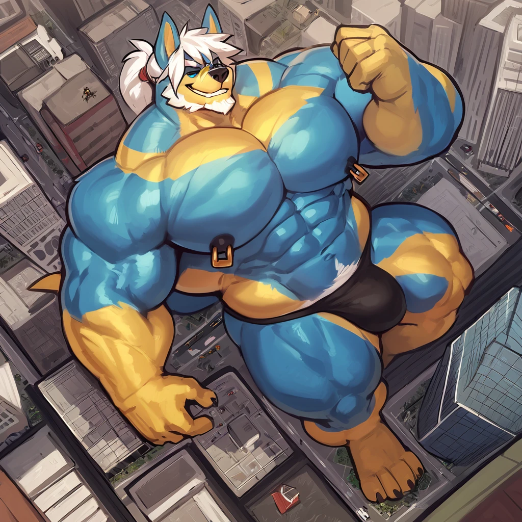 Light blue colored bara dog, white countershade, white skin, large hairy pecs, strong physique, yellow markings, white hair with yellow strips samurai hair in ponytail, green colored eyes, blue sclera, very muscular, perfect anatomy, scars on body, full body view in frame, nipple piercings, solo, masterpiece, sexy pose, manly pose, beard, strong jaw, thick thighs, giant biceps, huge hairy pecs, muscular, smirking, smug expression, curly dog tail, macro, tall, incredibly huge, insane height, height difference, insanely tall, 10 thousand foot heigh, in tiny city, from above angle, top down angle, correct perspective, tiny figure on hand, holding tiny person, tiny person in hand, gentle macro, wearing thong, grin, amazing shading, full body, detailed hands, detailed eyes, detailed face, detailed arms,anthro, muscular, abs, (detailed:1.5), male, detailed background, by bozi, by zackary911, by SligarTheTiger