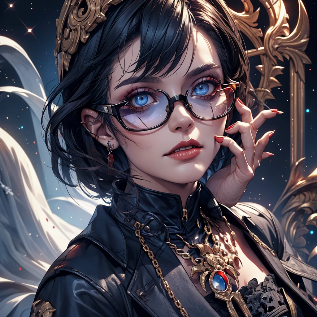 undead,blood,daemon,zombie,space people, beautiful, female, ultrarealistic,super realism,dark blue hair,Wearing glasses,Luxury brand fashion,surrealism,fashion illustration
