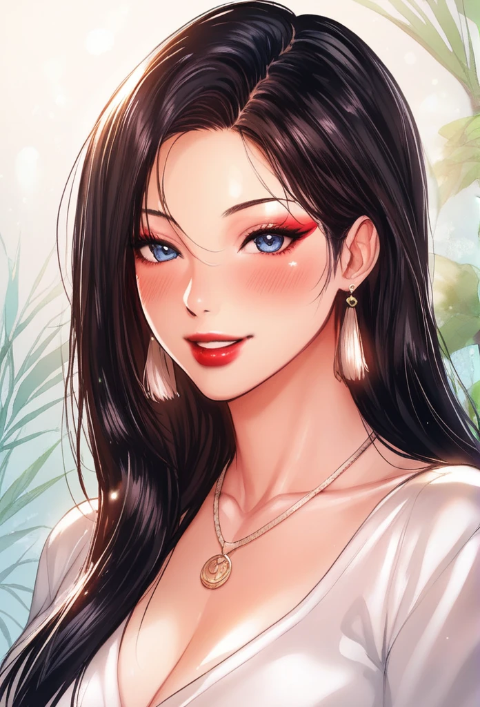 
Hot sexy beautiful women  , detailed lips , detailed blue eyes, big traditional heavy long  tassel earrings , alluring face, necklace , detailed red lipstick  ,black hair, blush , makeup , smiling 