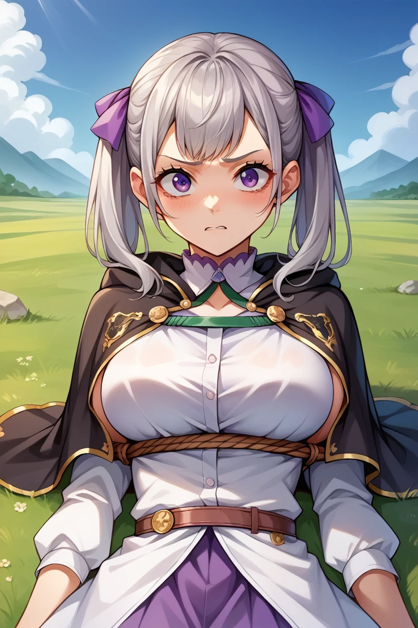 score_9, score_8_superior, score_7_superior, score_6_superior, sauce_Anime BREAK 1 Girl,  Noel Silva, Grey Hair, Purple eyes, Twin tails, Hair Ribbon, Black capelet, Green Strap, White and purple dress, Long sleeve, belt, Big Breasts, Conceit, blue sky, Field, superiorper body,Tied up with rope,Lying down,Struggling,