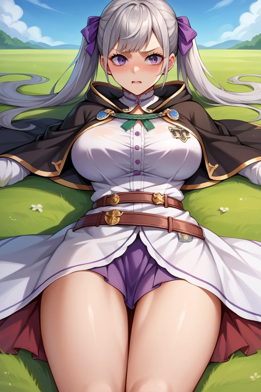 score_9, score_8_superior, score_7_superior, score_6_superior, sauce_Anime BREAK 1 Girl, Noel Silva, Grey Hair, Purple eyes, Twin tails, Hair Ribbon, Black capelet, Green Strap, White and purple dress, Long sleeve, belt, Big Breasts, Conceit, blue sky, Field, superiorper body,Tied up with rope,Lying down,Struggling,