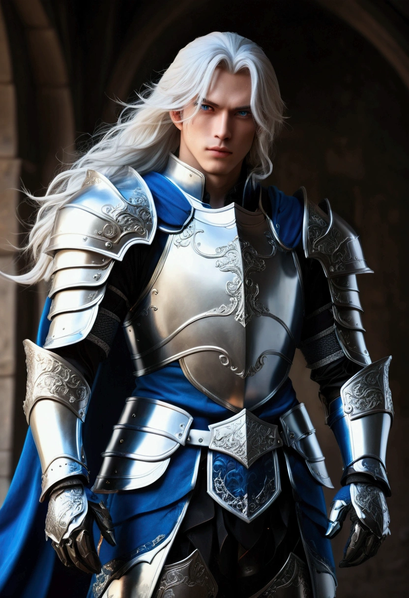 a handsome noble knight, detailed armor, long white hair, blu eyes, blue and black clothes, elbow protectors, knee protectors, hand armor, leg armor, fantasy world, (best quality,4k,8k,highres,masterpiece:1.2),ultra-detailed,(2 dimension art, photo,photo-anime:1.37),intricate details,chiaroscuro lighting,cinematic composition,dramatic lighting,dark fantasy,moody atmosphere,rich colors, fantasy,