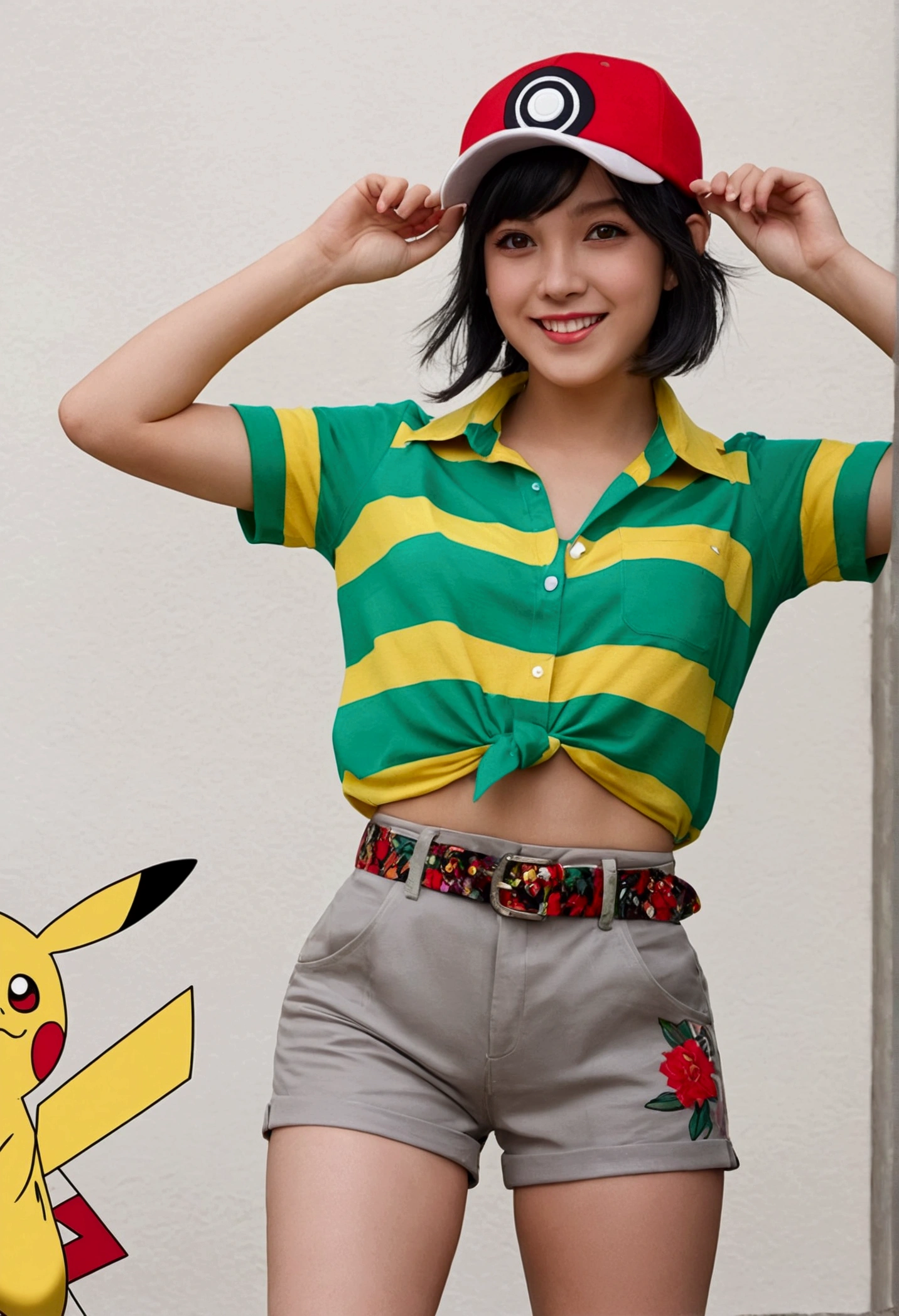 ((masterpiece,best quality)), absurdres, selene \(pokemon\), solo, grey eyes, black hair, green shorts, red headwear, beanie, shirt, tied shirt, floral print, short hair, short sleeves, short shorts, striped, yellow shirt, belt, midriff, solo, smiling, looking at viewer, cowboy shot, cinematic composition, contrapposto,