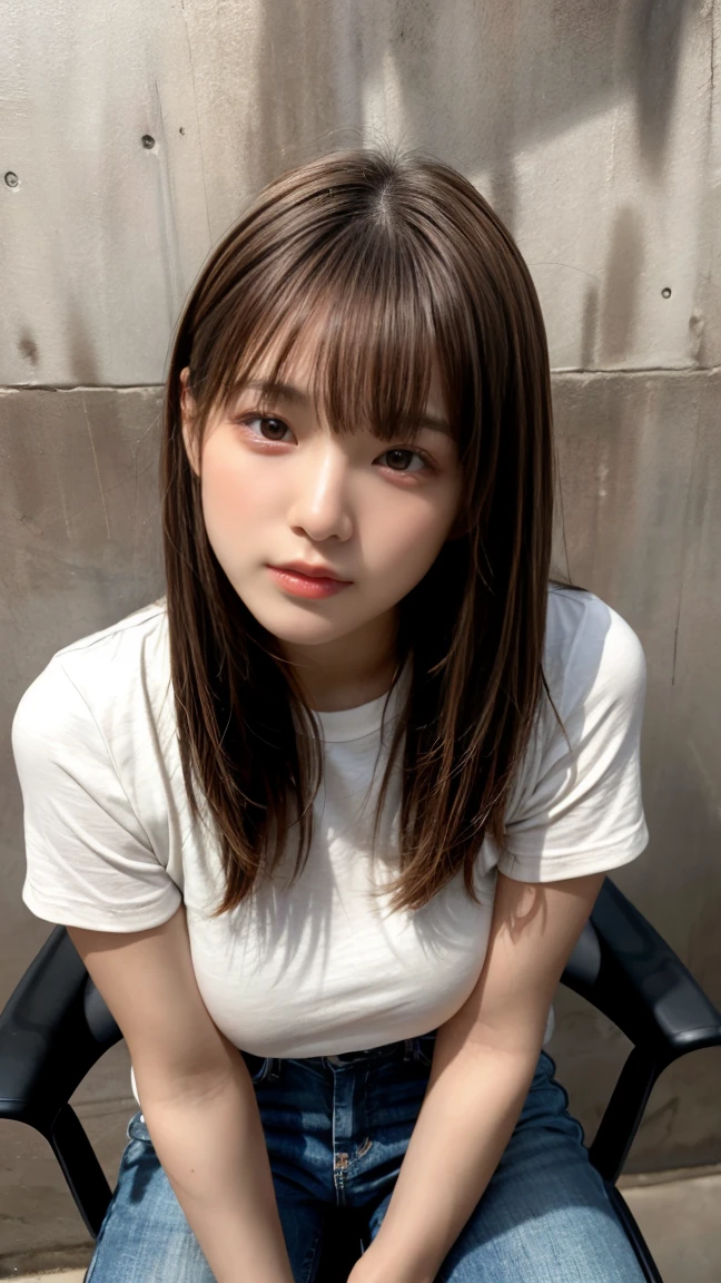 Dressed in a white T-shirt、