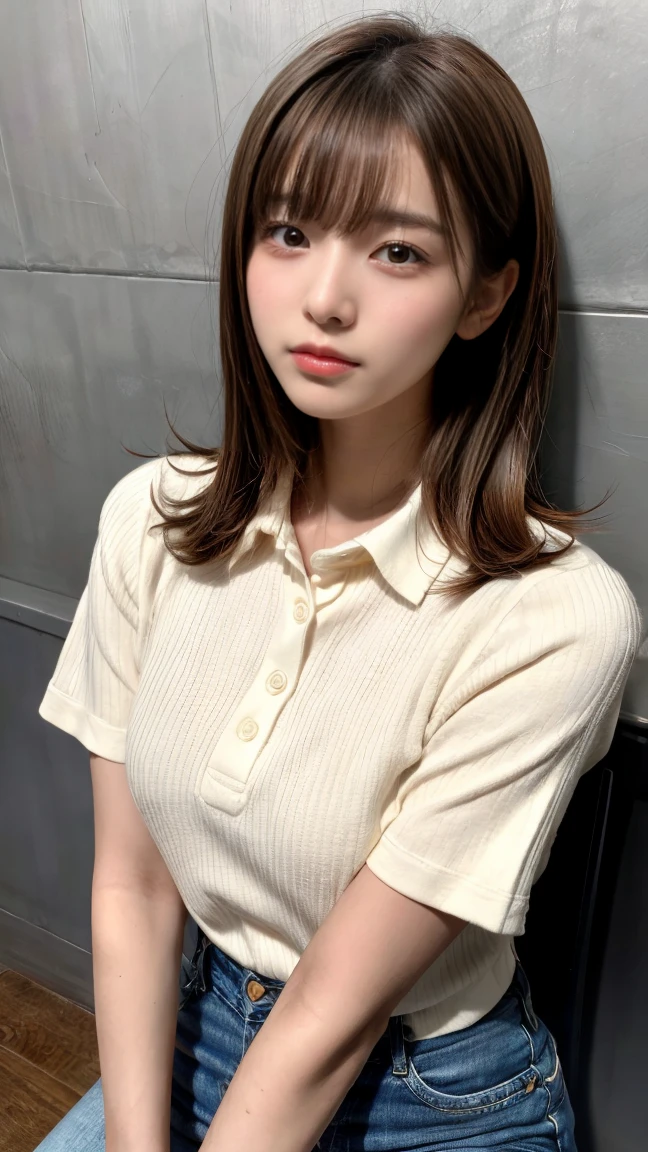 Beautiful woman、Well-formed face、Even out the eyes、Align your feet、Bright interior、Dark colored short sleeve shirt、Sit on a chair in front of the wall、Bright interior、Age 25, Light brown hair, Hair that falls over the shoulders, Parted bangs, Straight hair, Expressive hair, Shiny Hair, shy, Part your lips, Large Breasts, Surrealism, First Person View, Nikon, 超High resolution, Anatomically correct, Textured skin, Attention to detail, Highest quality, High resolution, 8K