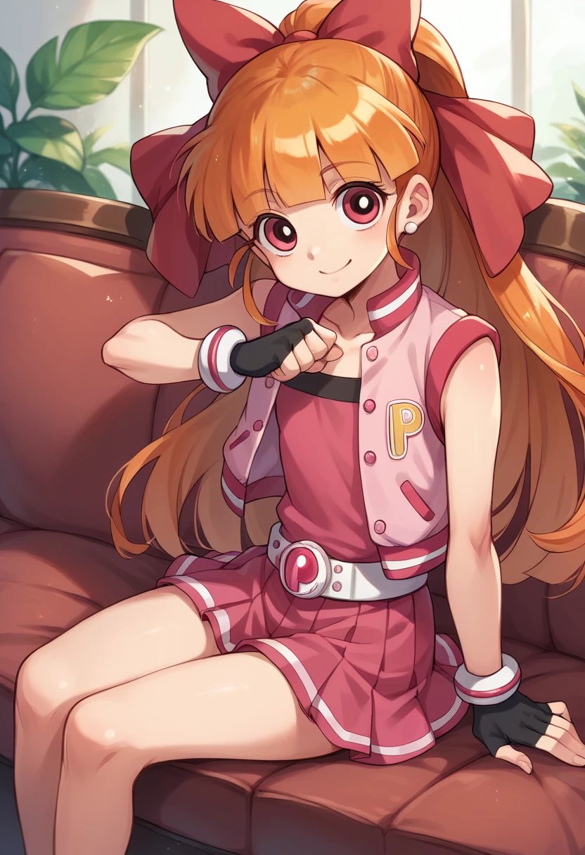 akazutsumi_momoko, orange hair, pink vest, pink skirt, looking at viewer, black fingerless gloves, young, looking at viewer, smile, cartoon, ribbon, long hair, sitting, couch