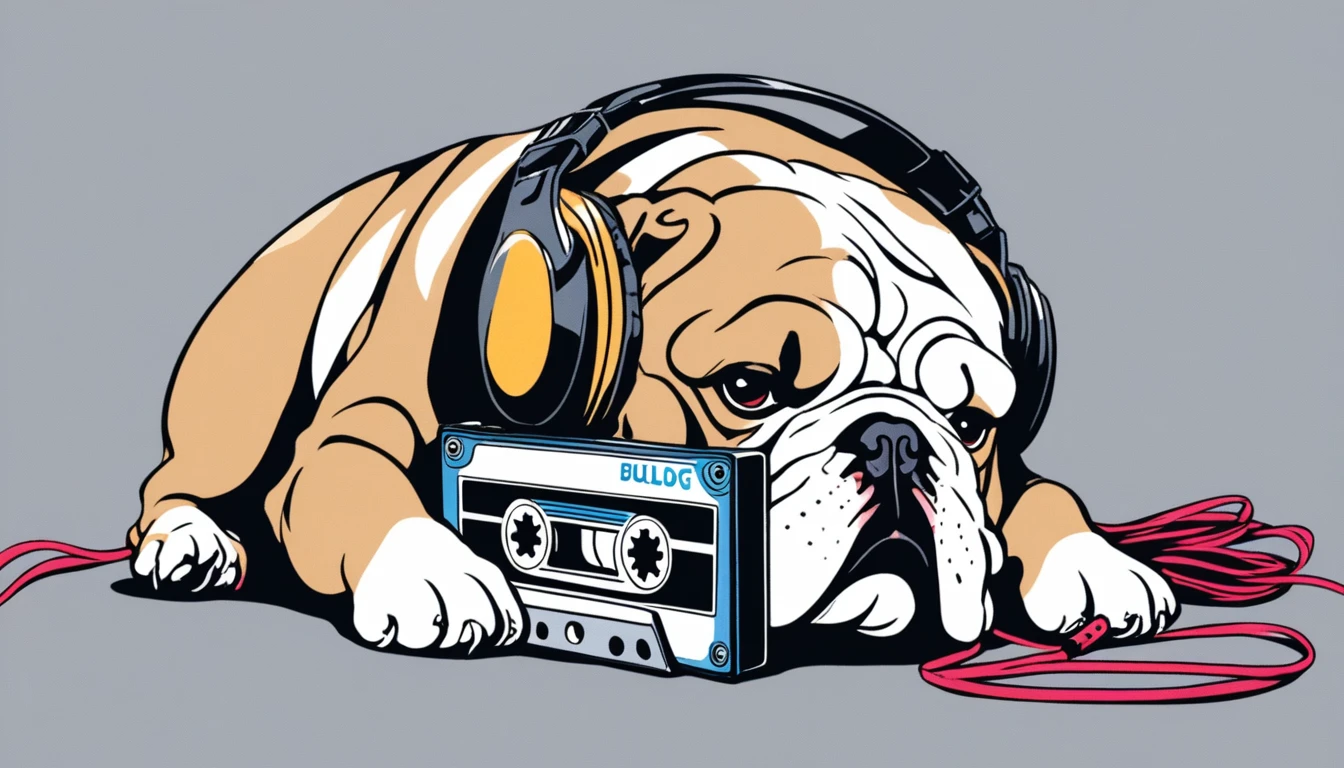 cassette tape、現実的なcassette tapeの大きさ、bulldog、Lying down、Gray background、headphone