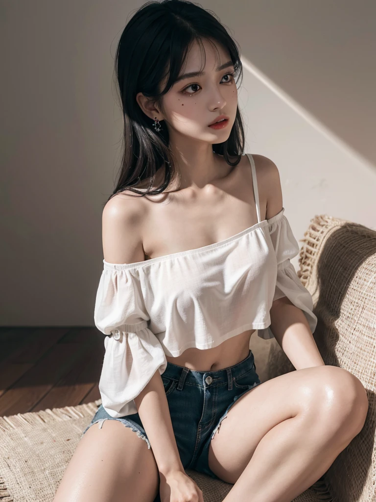 absurdres, RAW photo, extremely delicate and beautiful, masterpiece, Best Quality, ultra high resolution, 32k, hyperrealistic, ultra-detailed, perfect figure, Perfect Style, Perfect balance, in her 20s, very small head, very small face, delicate facial features, tearful mole, earring, very huge breasts, bare legs, full body shot, medium hair, black hair, colored inner hair, casual, blouse, white shirt, buttoned shirt, bare shoulders, collarbone, midriff, navel, shorts, straw hat,