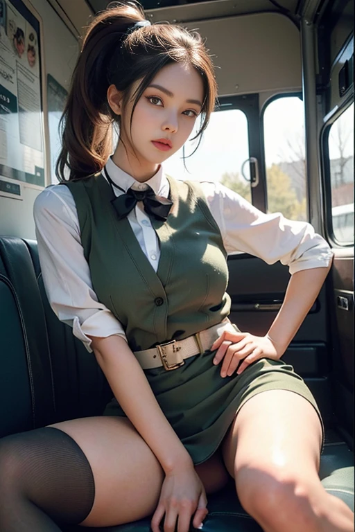 Highest quality, 16K high resolution, super detailed, masterpiece, Capture directly, reality:1.4, surreal:1.4, Sharp focus, very delicate and beautiful, small detail, 1 female, (Asia:1.2), (Blonde), (spread) your leg:1.3), (no underwear:1.3), (NSFW:1.1), (sit with your hips spread out in the bus), (supper beautifull), (Nice face:1.5), (Hair tied in 2 ponytails, wear socks), (detailed face), (beautiful and beautiful eyes), Perfect round eyes, (detailed lips), Lipstick, (eye liner), mascara, eye shadow, (green pencil skirt camouflage military uniform,), White shirt, blue vest, tie, At NSFW, big breasts, pink nipples, The girl inserted her hand into her vagina, Sitting astride a military vehicle, There were 4 military men sitting next to me
