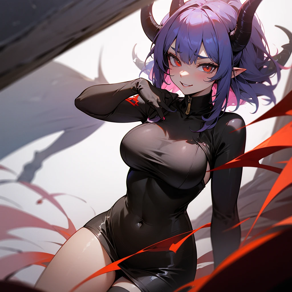 high resolution、Sexy Devil、breasts are medium size。
It has large horns on its head、Smile invincibly。In brutality、Having a mocking look on one&#39;s face。