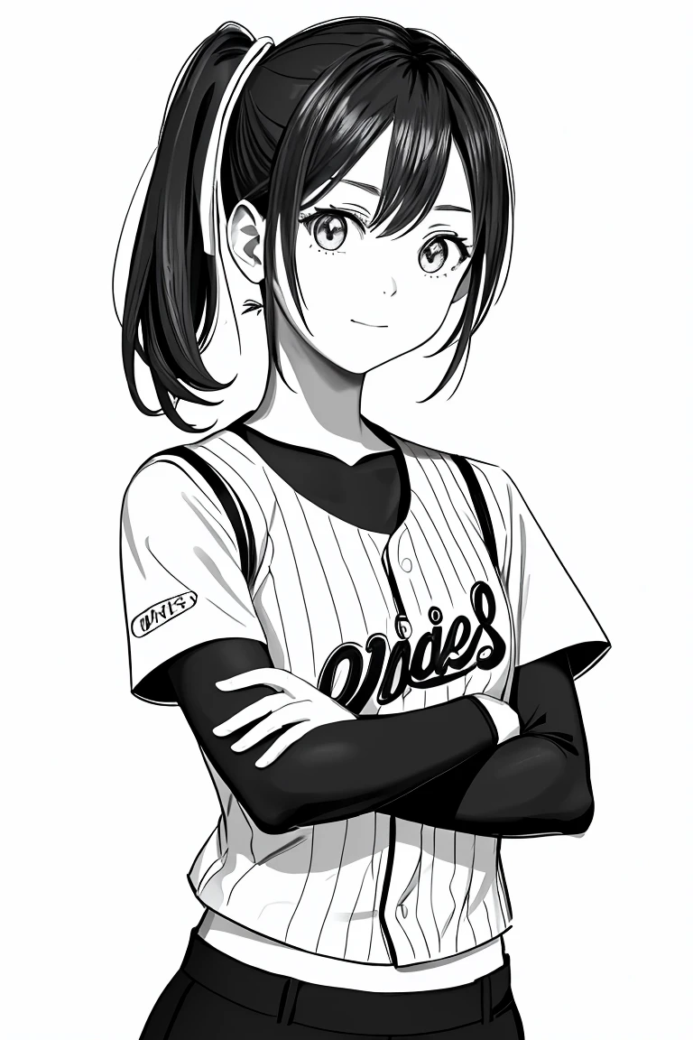masterpiece,, One Girl, alone, short, White Background, Monochrome, Line art, ((sketch))、Look forward、Wear a baseball uniform、Rin々A funny expression、Arms folded in front of chest、Side Ponytail、