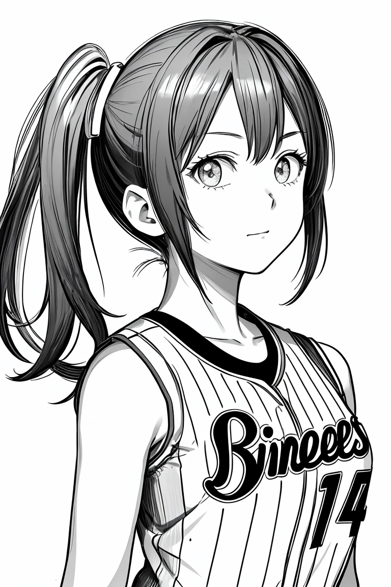 masterpiece,, One Girl, alone, short, White Background, Monochrome, Line art, ((sketch))、Look forward、Wear a baseball uniform、Rin々A funny expression、Arms folded in front of chest、Side Ponytail、