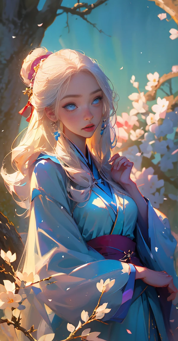 fantasy, portrait, Asia, European appearance, beautiful girl, delicate face, long pale blonde hair, blue eyes, in a beautiful hanfu, emphasizing the figure in light colors, expressive breasts, cherry blossoms in the background, hd