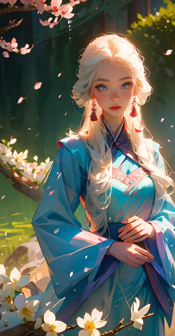 fantasy, portrait, Asia, European appearance, beautiful girl, delicate face, long pale blonde hair, blue eyes, in a beautiful hanfu, emphasizing the figure in light colors, expressive breasts, cherry blossoms in the background, hd