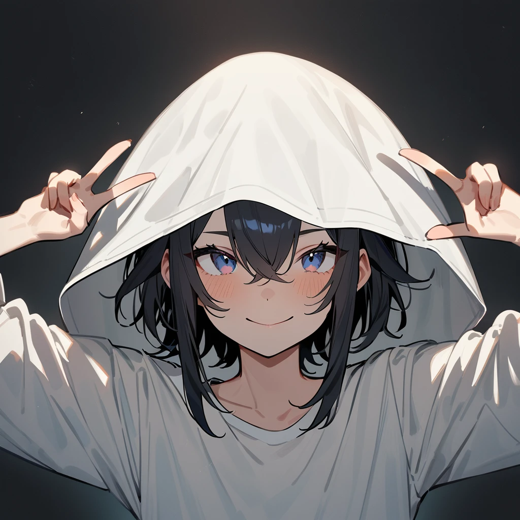 1 girl,black hair,Androgynous medium hair,sidelocks,Covered nipples,masterpiece,best quality,very aesthetic,absurdres,upper body,straight-on,large,Covered head,Smile,double v