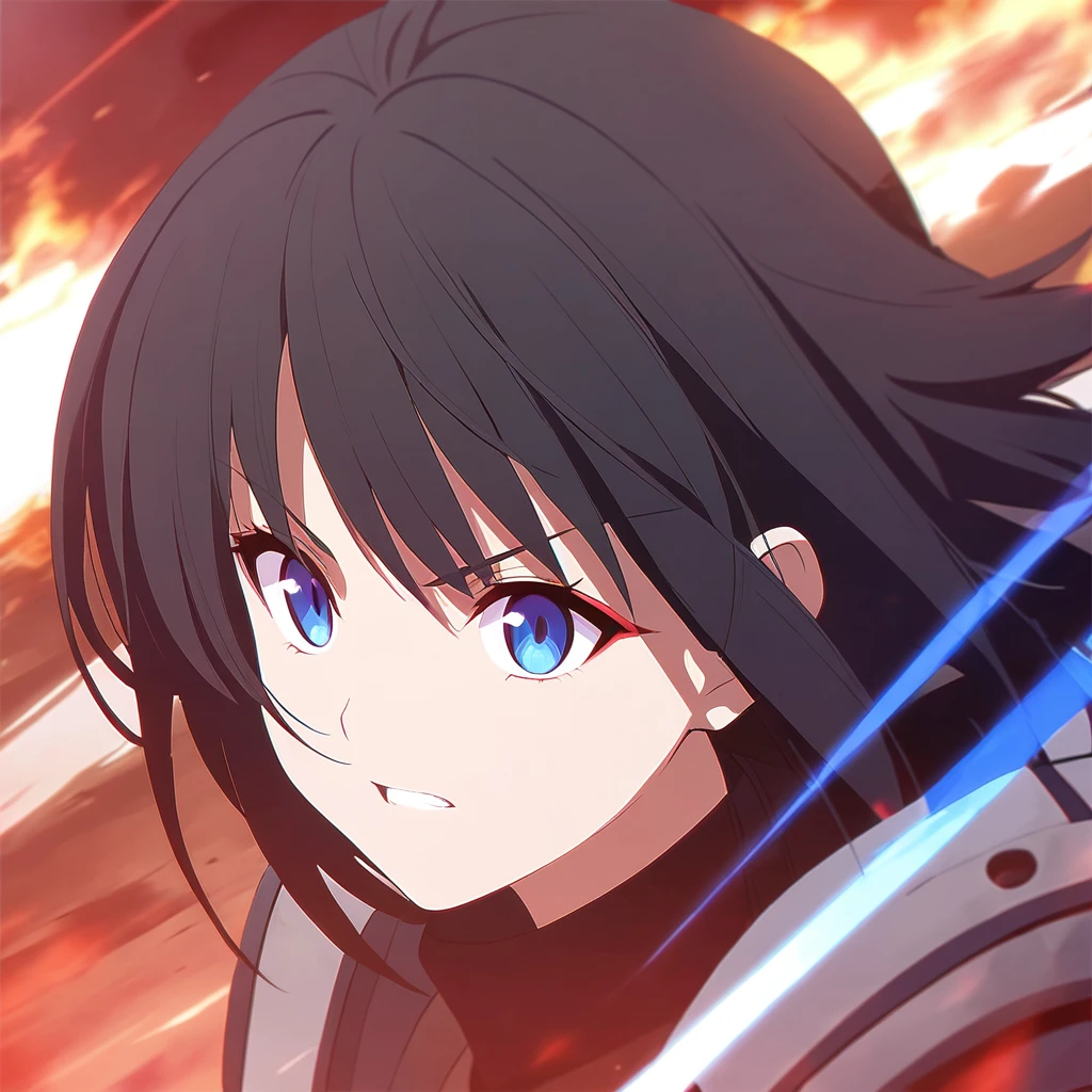girl, anime, warrior, short hair with red and blue lines, pretty eyes, black hair, full leather, YOUNG, with a fringe in front, epic