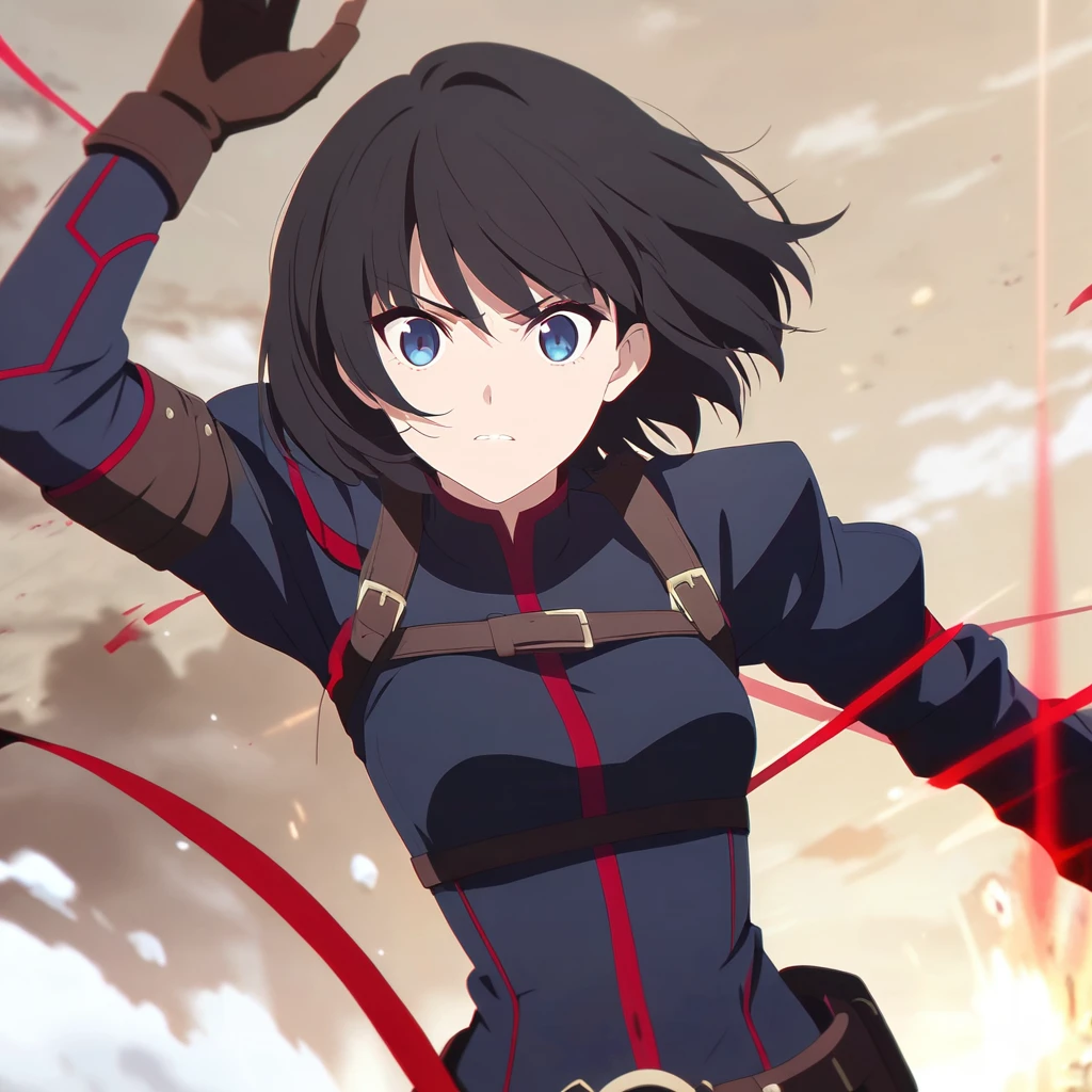 girl, anime, warrior, short hair with red and blue lines, pretty eyes, black hair, full leather, YOUNG, with a fringe in front, epic