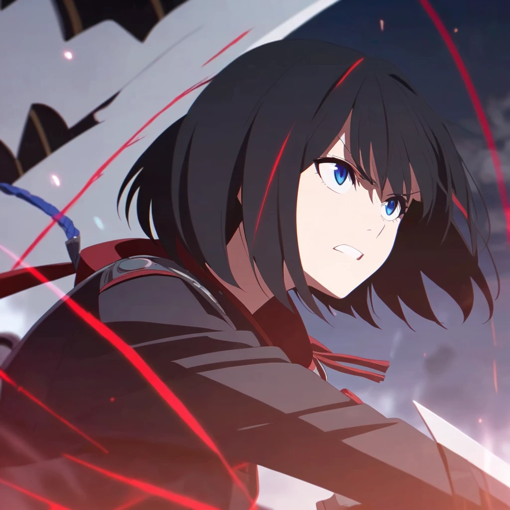 girl, anime, warrior, short hair with red and blue lines, pretty eyes, black hair, full leather, YOUNG, with a fringe in front, epic