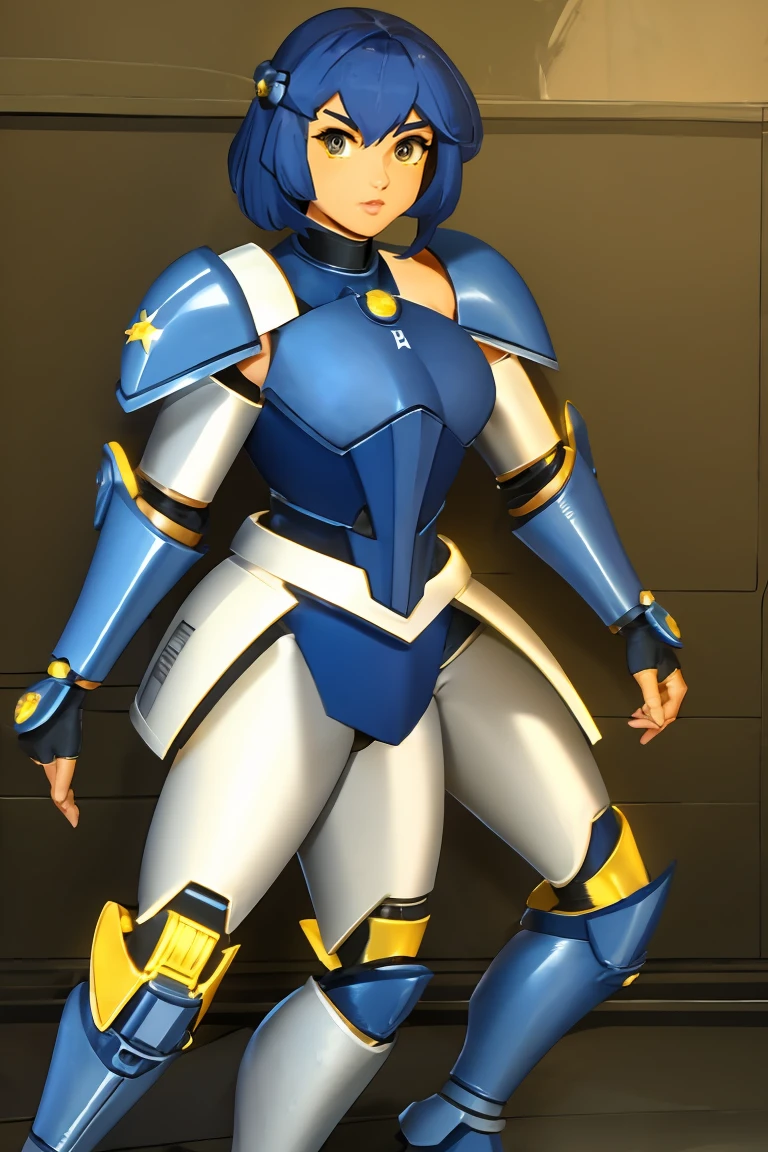 Beautiful woman with dark blue hair, short hair, yellow eyes, clone trooper armor, star wars, clone wars Battle background, 501st legion armor