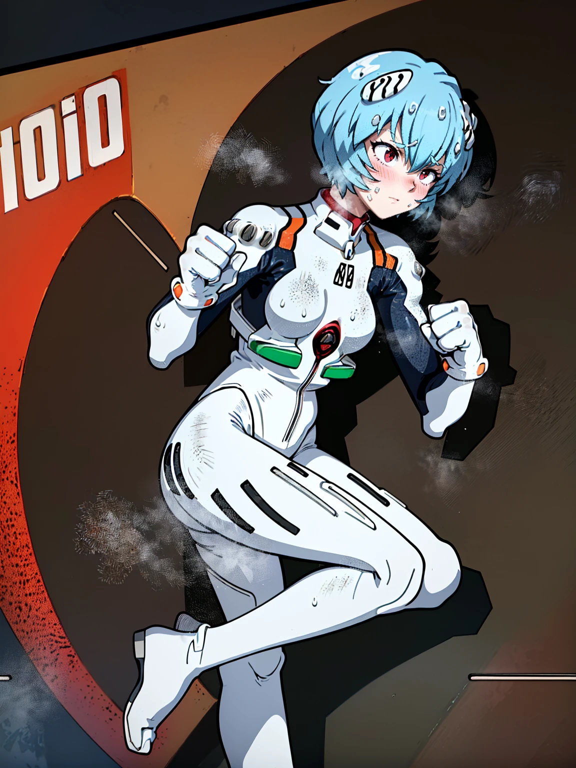 ((Highest quality, 8k wallpaper)),(masterpiece, Highest quality),Very detailed,High resolution,(Official Art:1.3),(((Anime screenshots,Black outline))),One girl,alone, Break mer1,(Rei Ayanami {Neon Genesis Evangelion,}1.2),masterpiece, best quality, outdoor, 1girl, Solo,red eyes,short hair,blue hair, (White plug suit:1.4), skin tight,(backlight, shaded face, cross-eyed, rolling eyes, empty eyes, jitome, raised eyebrows, one eye closed:1.3),(Tired look, A look of regret, Struggled, Half-closed eyes, fear, humiliation, Frightened, anxiety:1.3),(((Covered in sweat, Mass sweat, Sweating profusely,steam:1.7))), (((knees together feet apart, leaning forward, bent legs:1.6))),(((独奏, cowboy shot:1.6))),(((fighting stance, face punch, punching, punched in the face, Punch sticks to face,Ryona:1.6))),
