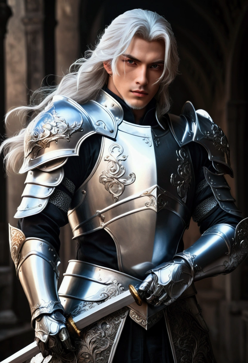 a handsome noble knight, detailed armor, long white hair, grey eyes, black clothes, elbow protectors, knee protectors, hand armor, leg armor, fantasy world, (best quality,4k,8k,highres,masterpiece:1.2),ultra-detailed,(2 dimension art, photo,photo-anime:1.37),intricate details,chiaroscuro lighting,cinematic composition,dramatic lighting,dark fantasy,moody atmosphere,rich colors, fantasy,