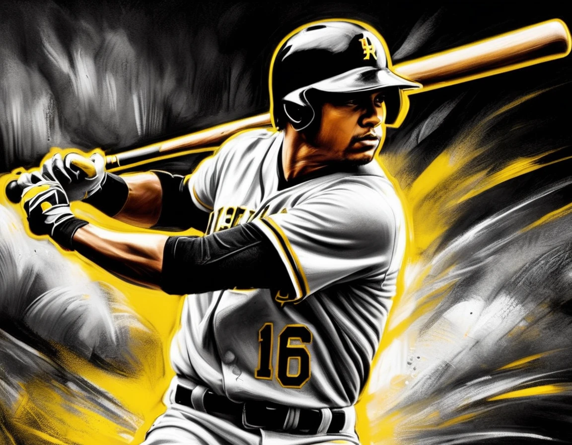 Charcoal work of art, ((using only black, white and yellow:1.5)) masterpiece, a baseball player hitting a home run in baseball game, highest quality, Best aesthetics), best details, best quality, highres, ultra wide angle, 16k, [ultra detailed], masterpiece, best quality, (extremely detailed), CharcoalDarkStyle