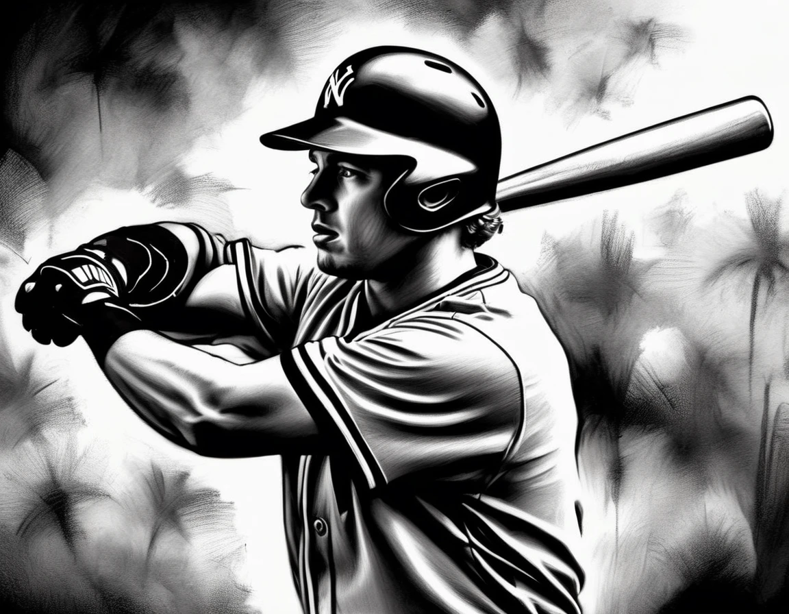 Charcoal work of art, ((using only black, white and yellow:1.5)) masterpiece, a baseball player hitting a home run in baseball game, highest quality, Best aesthetics), best details, best quality, highres, ultra wide angle, 16k, [ultra detailed], masterpiece, best quality, (extremely detailed), CharcoalDarkStyle