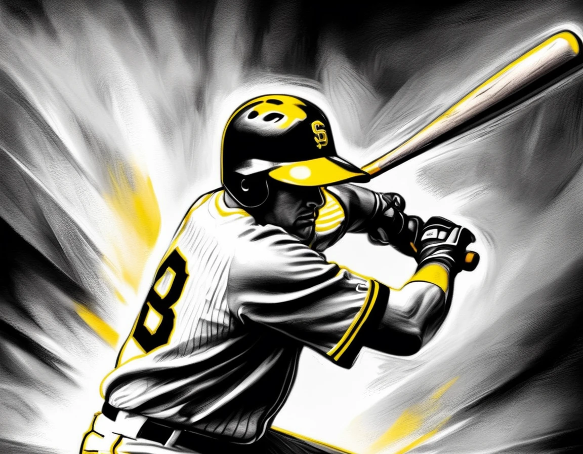 Charcoal work of art, ((using only black, white and yellow:1.5)) masterpiece, a baseball player hitting a home run in baseball game, highest quality, Best aesthetics), best details, best quality, highres, ultra wide angle, 16k, [ultra detailed], masterpiece, best quality, (extremely detailed), CharcoalDarkStyle