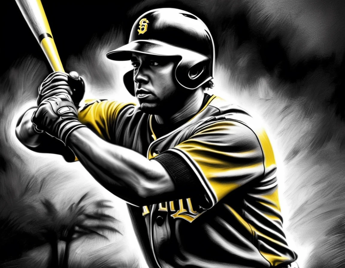 Charcoal work of art, ((using only black, white and yellow:1.5)) masterpiece, a baseball player hitting a home run in baseball game, highest quality, Best aesthetics), best details, best quality, highres, ultra wide angle, 16k, [ultra detailed], masterpiece, best quality, (extremely detailed), CharcoalDarkStyle