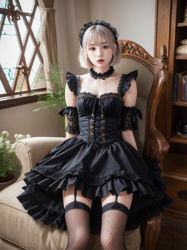 (8K, Photorealistic, Raw photo, Highest quality: 1.4),Japanese idol-style beautiful girl,model,1 person,18-year-old,(Short Bob),(Silver Hair :1.1),She has her hair tucked behind her ears,Headband,Clear grey eyes,Long eyelashes,(piercings(small)),(Pale, lifeless skin(Foundation)),(Lip gloss(Black :1.1)),thin long neck,Large Breasts,(Lace gloves),(gothic ta dress(Frills,Puffy long skirt :1.1)),(layer),(Fishnet tights),lace up dress boots,Sitting in a chair,(Legs are V-shaped),Background of a room with heavy Gothic-style stone stained glass,Full body portrait