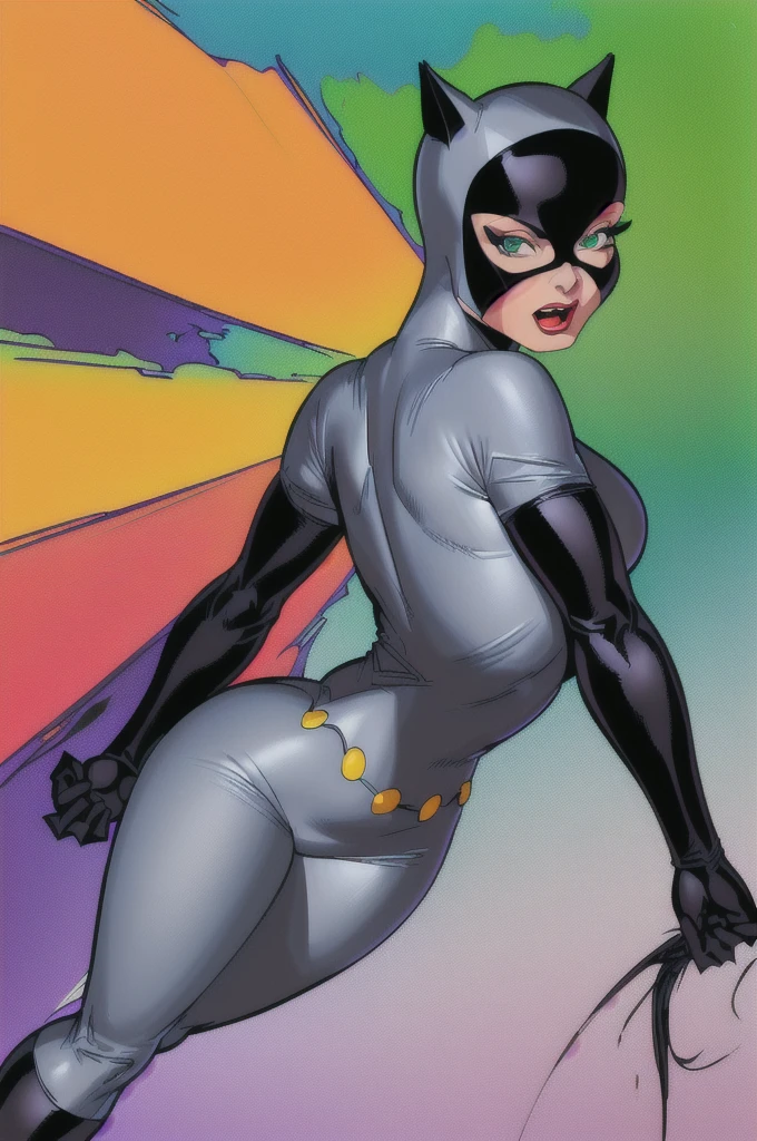 masterpiece, best quality, highres, highest quality, absurdres, catwoman, traditional media, (painting \(medium\)), sharp expressive green eyes, perfect face, wide hips, big butt, bodysuit, thick lineart, atmospheric lighting, smooth, cinematic composition, Joe Madureira, grabbing butt