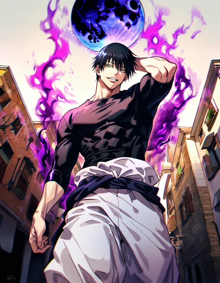 Ultra detailed, HDR, Highres, absurdres, master piece, Fushiguro Touji, black hair, expressive green eyes, Jujutsu Kaisen, handsome, sexy man, solo, black tight shirt, purple aura, handsome smile, best quality, blue moon, 8K, white baggy pants
