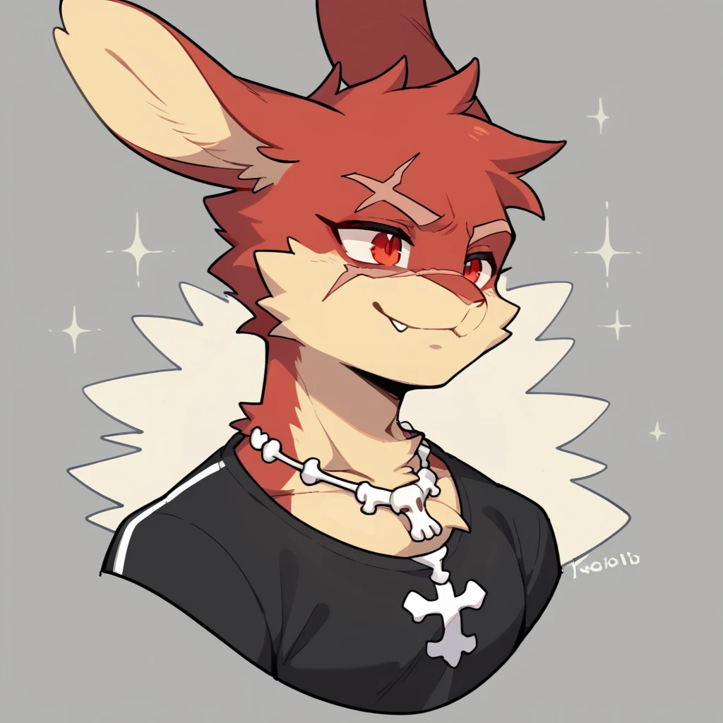 (Rabbit), anthropomorphic red rabbit, alone, (scar on left eye), (2-tone white and red fur), (neck), (perfect red eyes:1.4), （Artist:Takemoto Arashi）, twitch, mature face, older, clear facial details, flash, side of character, long eyelashes, fang, seductive smile, Black shirt,  Bone necklace, exposing chest, ((show upper body)), ((Bust)), Full Length Portrait, Tonalism, Head Out of Frame, Outer Border, Tachi-E, High Details