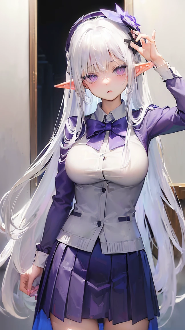 (((Itsuka Shido(date a live))),((gender bender,white hair,dark purple_eyes,cowboy shot,long straight hair)),((school uniform,Large Breasts：1.5,elf,tall))