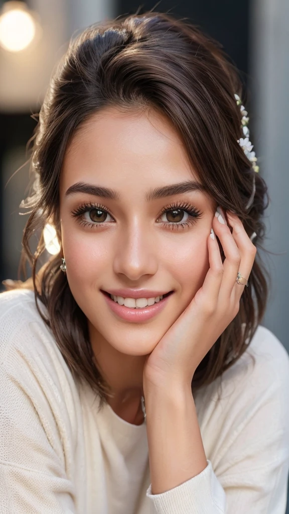 Create a 21-year-old virtual influencer with a natural, youthful appearance. She has long, wavy brown hair, brown eyes, and a calm, serene expression. She often appears in outdoor settings with lush greenery, wearing stylish yet simple outfits that highlight her beauty and elegance. She is known for her vibrant and engaging personality, connecting well with a young